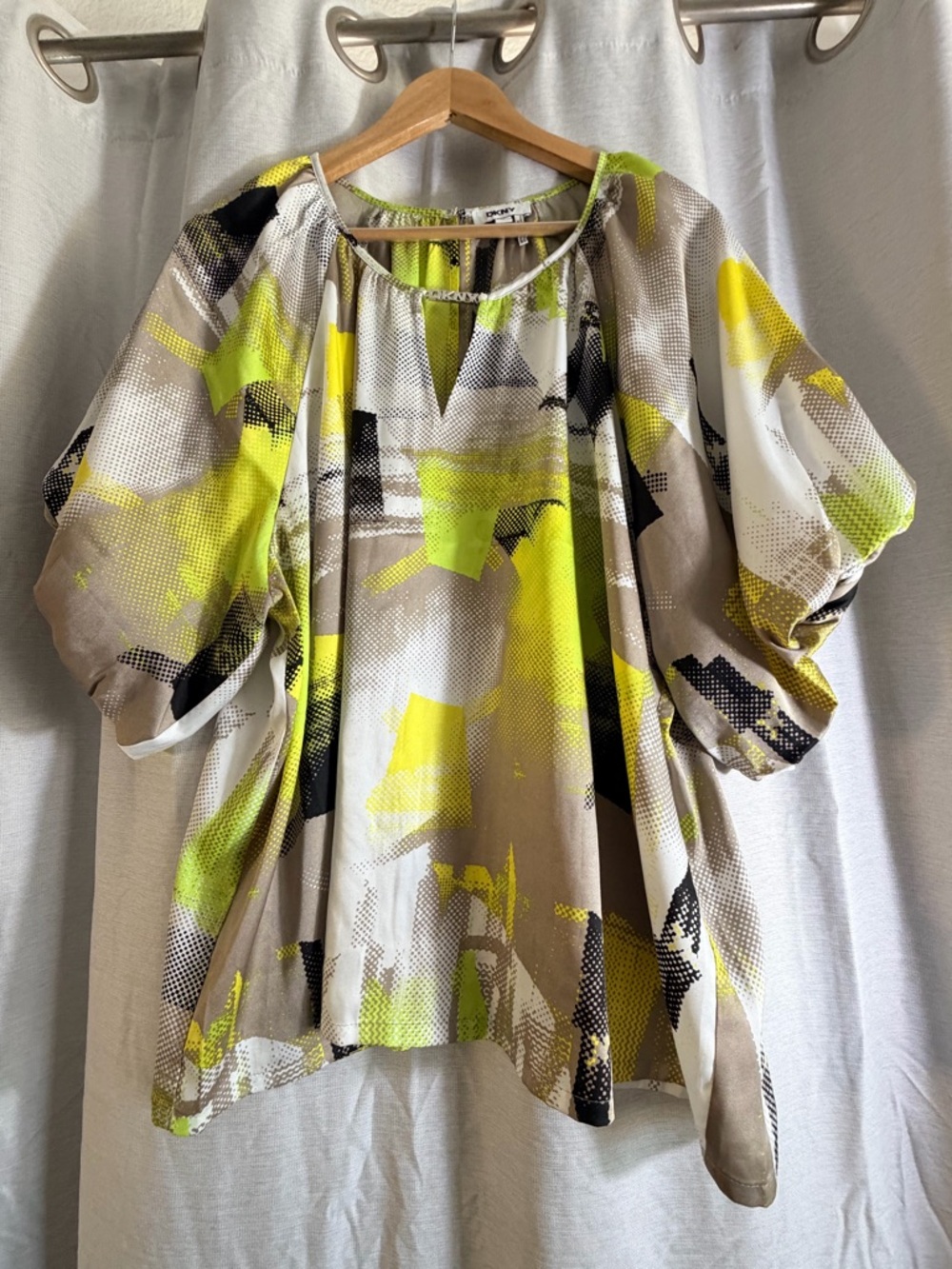 DKNY Abstract Print Puff-Sleeve Blouse in Yellow, Beige, Black, White